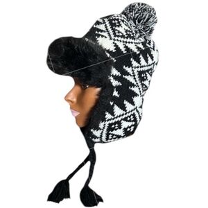 Cozy Winter Trapper Hat Faux Fur Nordic Print Knit with Ear Flaps Black & White